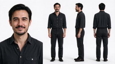 成年男性角色多视图设定图 · 成年男性、角色设定、纯白背景、多视图、写实人像