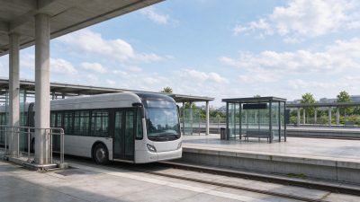 停靠在现代BRT站台的白色铰接公交车 · 快速公交、BRT站台、铰接公交车、现代交通枢纽、混凝土建筑