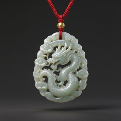 和田青玉龙纹镂空玉佩挂饰 · 和田玉、龙纹玉佩、镂空雕刻、红色编织挂绳、祥云纹样