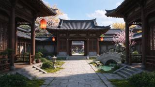 中式古典庭院春景石桥灯笼 · 中式庭院、古典建筑、石拱桥、红灯笼、春日花树