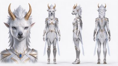 奇幻白色羚族精灵女性角色三视图 · 奇幻角色、拟人羚羊、雌性精灵、白金色护甲、蓝宝石配饰