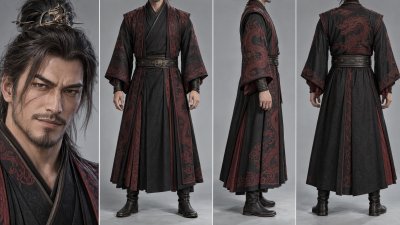 玄幻古风武侠男性角色四视图设定板 · 古风武侠、男性角色、四视图设定、龙纹汉服、玄幻风格