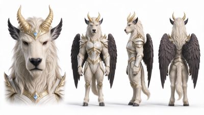 奇幻白山羊人战士多角度设定图 · 奇幻、拟人化山羊、盔甲战士、有翼魔物、多视角设定图