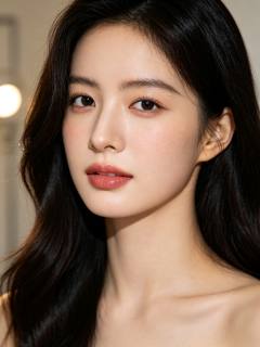 暖光室内黑发女性自然美妆特写肖像 · 人像特写、写实风格、自然妆容、黑色长卷发、暖色调