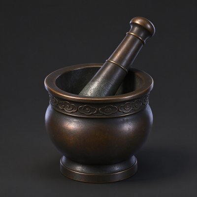 国风做旧古铜祥云纹捣药臼杵 · 捣药臼、古铜材质、祥云浮雕、国风传统器物、做旧金属质感