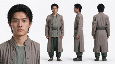 民国青年男性角色设定图 · 民国角色、男性人设、棉麻服饰、三视图、写实人像