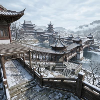 雪后中式古建园林水岸俯瞰图