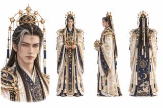 古风仙侠星君神官男性角色设定板，头部近景与正侧背三视图，金色星象头冠与藏青刺绣白袍 · 角色设定板、三视图、古风仙侠、男性角色、星君神官