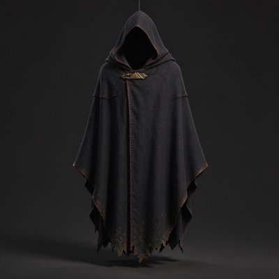 奇幻破旧兜帽斗篷道具展示图 · 连帽斗篷、破旧织物、奇幻风格、道具展示、深色系服饰
