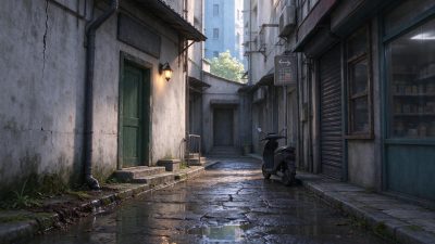 雨后的老旧居民小巷 · 雨后小巷、老旧居民区、3D写实渲染、市井怀旧、潮湿路面