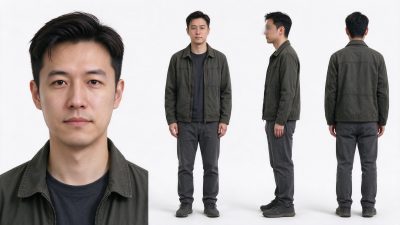 东亚男性多视图人物设定参考图 · 成年男性、东亚男性、工装穿搭、多视图设定、棚拍人像