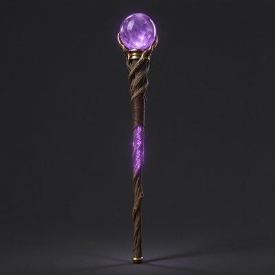 写实3D奇幻紫水晶魔法杖 · 奇幻道具、魔法杖、紫水晶、发光符文、木质杖身