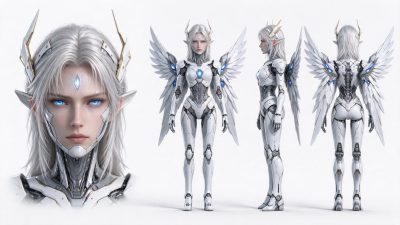 科幻天使精灵女机甲战士角色设定图 · 科幻机甲、精灵女性、天使翅膀、角色设定图、银发
