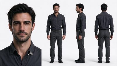 成熟男性正侧背三视角色设定图 · 成年男性、角色设定、三视图、影棚拍摄、简约穿搭