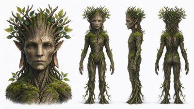 女性树灵角色设定图 · 树灵、森林精灵、奇幻生物、树人、概念设定