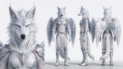 银甲翼狼人形角色设定图 · 兽人、白狼、银翼、银甲、奇幻角色