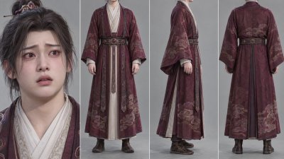 古风酒红色云纹汉服男性角色设定图 · 古风男性、汉服造型、角色设定图、三维渲染、多视角展示