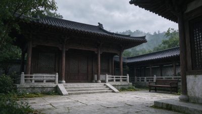 雨天雾霭中的中式古建庭院 · 中式古建筑、传统庭院、雨天雾景、灰瓦飞檐、青苔石阶