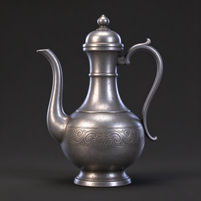 写实三维渲染做旧银质执壶 · 锡器、执壶、錾刻纹样、做旧金属、静物渲染