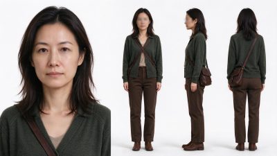 东亚女性角色多视图设定图 · 写实角色设定、棚拍人像、中年女性、极简穿搭、三视图