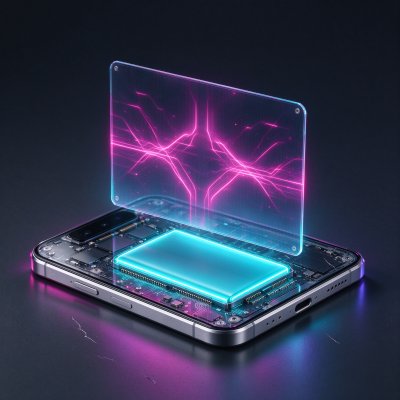 赛博朋克发光透明智能手机拆解效果展示 · 赛博朋克、发光科技、智能手机、霓虹灯光、全息投影