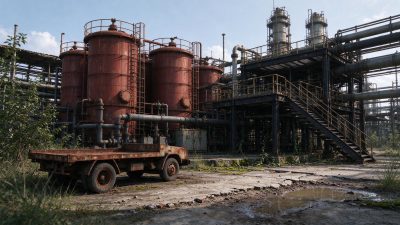 废弃的工业厂区 · 废弃工厂、化工厂区、生锈储罐、老旧平板卡车、工业管道