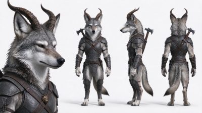 长角狼人战士角色四视图设定 · 狼人、拟人化幻想生物、角色设定、皮革护甲、四视图