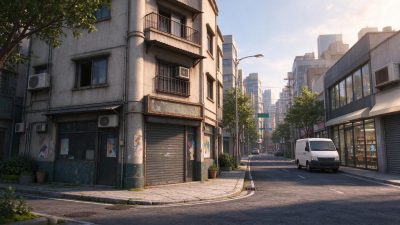 清晨时分的城市街角 · 城市街景、老旧建筑、写实3D渲染、清晨阳光、安静街区