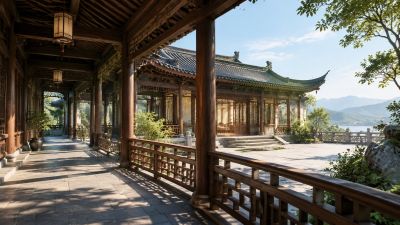 中式园林长廊与青瓦厅堂