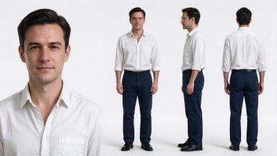 中年男性白衬衫造型多视图参考图 · 男性角色、多视图、白衬衫、正装、影棚人像