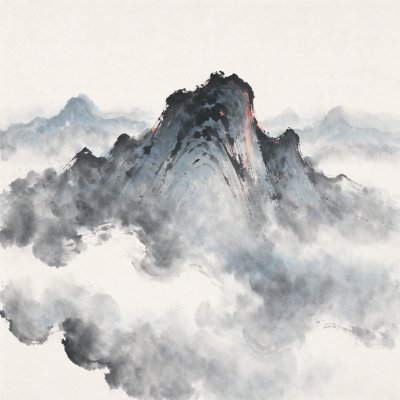 水墨写意奇峰云海图 · 水墨画、写意山水、奇峰、云海、东方美学