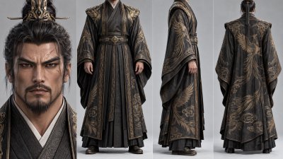 写实古风男性角色设定多视图展板 · 古风角色、贵族服饰、三视图设定、写实渲染、凤凰纹样
