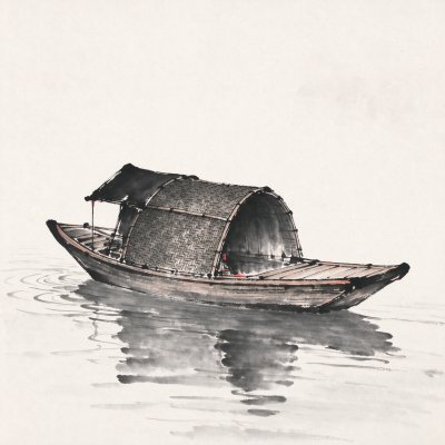 中式水墨风乌篷船 · 水墨、乌篷船、竹编篷、江南水乡、传统木船