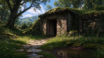 林间苔藓覆土石砌小屋 · 石砌小屋、苔藓屋顶、林间小径、自然山野、写实摄影