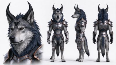 奇幻狼人战士角色三视图与近景特写 · 奇幻生物、拟人狼人、金属盔甲、角色设定、三视图展示