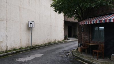 雨后老城窄巷街景 · 雨后街景、老巷、临街小店、阴天漫射光、市井怀旧