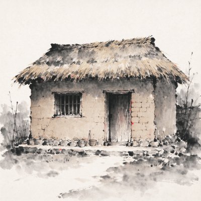 中式传统水墨乡村土坯茅草屋 · 乡村建筑、土坯茅草屋、水墨国风、乡土场景、老旧住宅