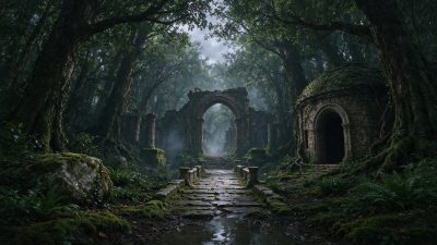 雾霭笼罩的森林古遗迹 · 雨林遗迹、石砌拱门、苔藓覆盖、雾霭森林、纵深构图