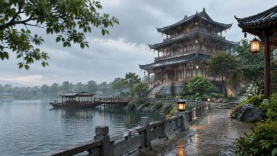 湖畔古楼阁水岸暮色