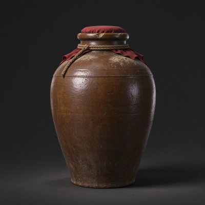 中式做旧陶制酒坛 · 粗陶酒坛、做旧器物、中式传统器物、影棚静物、古朴质感