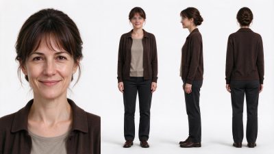 中年女性角色四视图设定 · 角色设定、中年女性、棚拍、写实、三视图