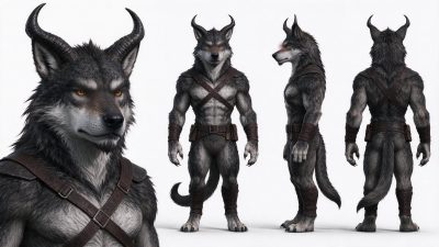 带角拟人狼人角色设定图 · 拟人狼人、奇幻角色、多视图设定、3D写实渲染、皮质装备