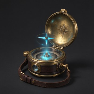 奇幻魔法黄铜罗盘 · 复古黄铜质感、做旧磨损效果、魔法发光特效、深棕真皮腕带、星芒罗盘纹路