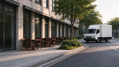现代写字楼街景 · 现代建筑、城市街景、户外空间、厢式货车、行道树