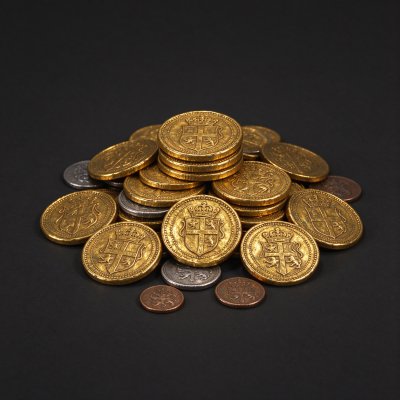 复古纹章金属铜币堆 · 铜币堆、复古纹章、金属道具、静物摄影、财富意象