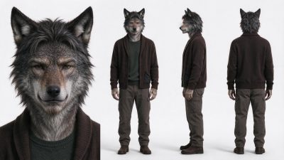 写实拟人灰狼人角色多视图设定图 · 拟人角色、狼人、写实3D、角色设定、多视图设定