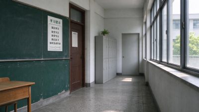 怀旧校园教室走廊场景 · 校园场景、教室走廊、怀旧校园、自然光、水磨石地面