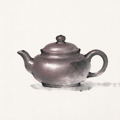 水墨紫泥紫砂壶静物图 · 紫砂壶、水墨风、静物画、中式茶具、宣纸背景