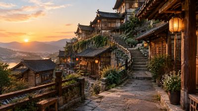 金色夕照下的山地古村