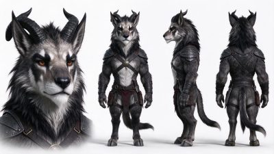 狼人战士角色设计 · 奇幻角色、狼人战士、角色三视图、超写实3D渲染、皮革护甲